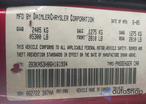 2006 Dodge Charger Rt from USA, damaged, VIN 2B3KA53H86H161934